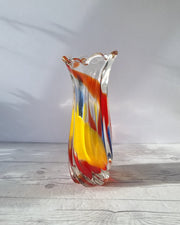 Hineri Iwatsu Glass Iwatsu Hineri, Sculpted Apricot, Scarlet and Azure Striped Twist Vase, 1960s-70s, Japanese