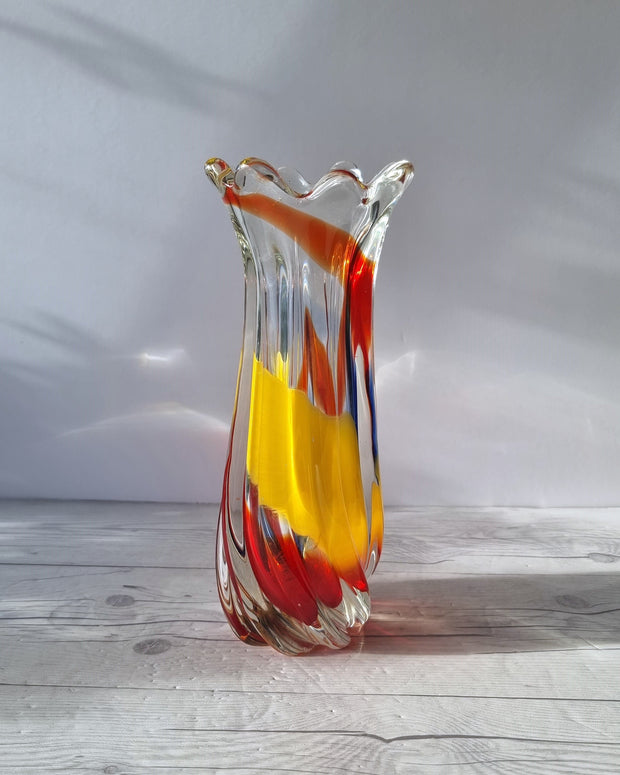 Hineri Iwatsu Glass Iwatsu Hineri, Sculpted Apricot, Scarlet and Azure Striped Twist Vase, 1960s-70s, Japanese