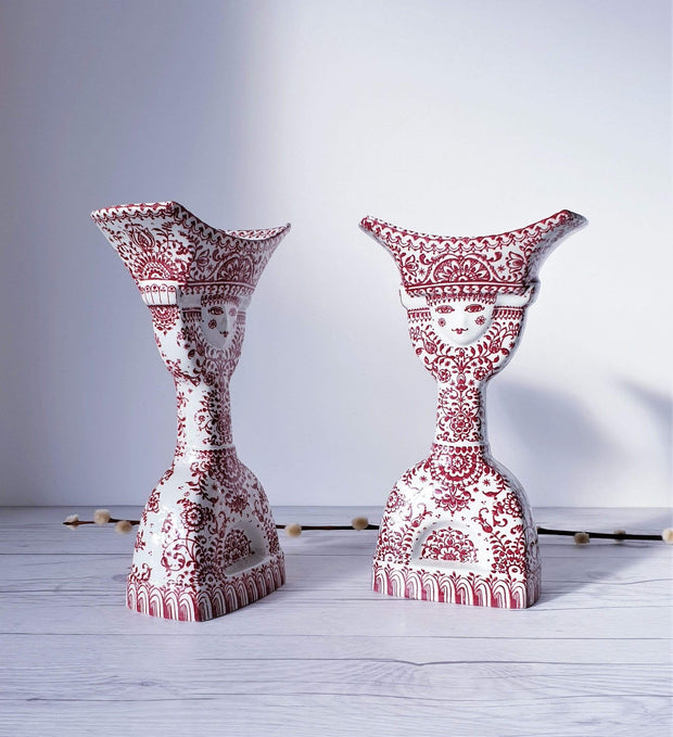 AnyesAttic Lighting Jacob E Bang for Nymolle, Pair of Double-Sided Illustrated Bougeoir Candlesticks | 1960s-70s, Rare