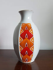 Jaeger Porcelain 1960s -70s West German Jaeger, Op Art Stylised Red and Orange Orchid Decor, Gold Trim Vases