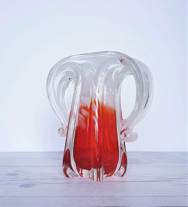 AnyesAttic Glass Japanese Kamei 'Best' Sculpted Art Glass Vase in Red and White, 1970s, Handblown