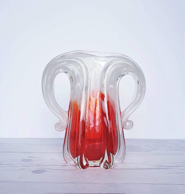 AnyesAttic Glass Japanese Kamei 'Best' Sculpted Art Glass Vase in Red and White, 1970s, Handblown