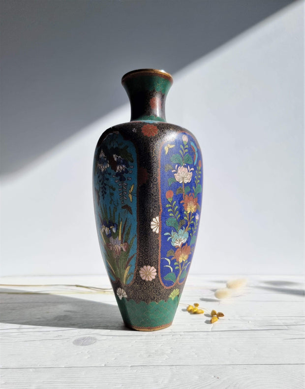 Asian Art Metals Japanese, Takahara Komajiro Cloisonne 4 Panel Vase, Kyoto-Jippo ware, Late Meiji Era, Antique