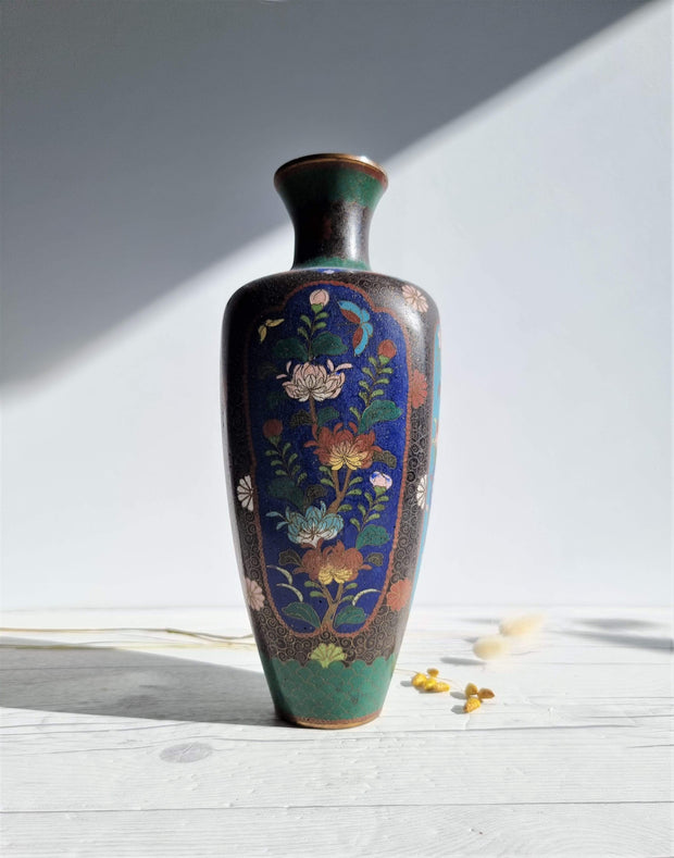 Asian Art Metals Japanese, Takahara Komajiro Cloisonne 4 Panel Vase, Kyoto-Jippo ware, Late Meiji Era, Antique