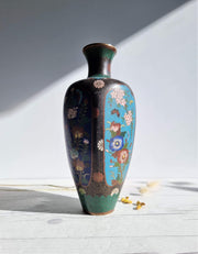 Asian Art Metals Japanese, Takahara Komajiro Cloisonne 4 Panel Vase, Kyoto-Jippo ware, Late Meiji Era, Antique