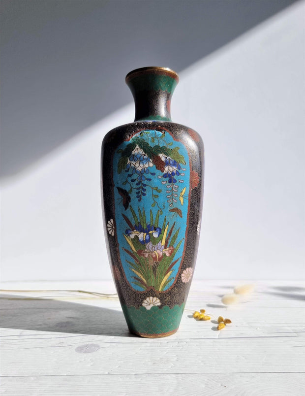 Asian Art Metals Japanese, Takahara Komajiro Cloisonne 4 Panel Vase, Kyoto-Jippo ware, Late Meiji Era, Antique