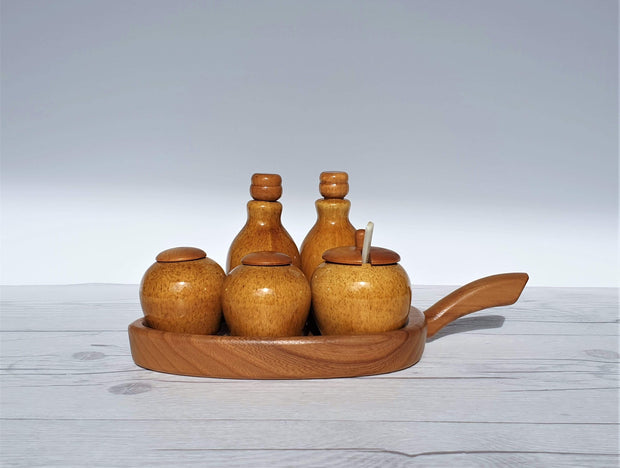 AnyesAttic Ceramic Jie Gantofta Swedish Mid Century 5 Piece Ceramic and Teak Condiment / Cruet Set, 1960s