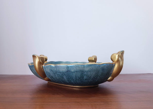 AnyesAttic Ceramic Josef Ekberg for Gustavsberg, 1930s Swedish Art Deco Lustreware Green and Gold Ceramic Dish