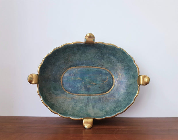 AnyesAttic Ceramic Josef Ekberg for Gustavsberg, 1930s Swedish Art Deco Lustreware Green and Gold Ceramic Dish