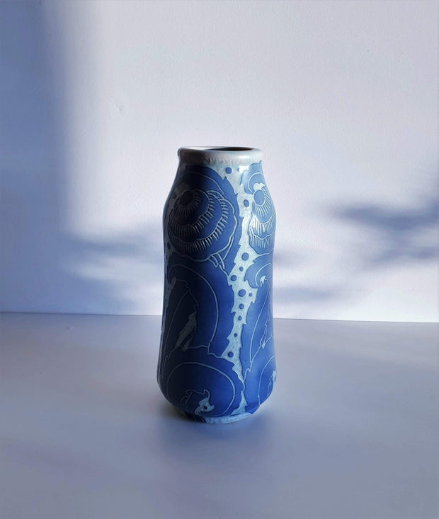 Gustavsberg Keramik Ceramic Josef Ekberg, 'Sgraffito' for Gustavsberg, 1918 Swedish Art Nouveau Floral Blue Ceramic Vase