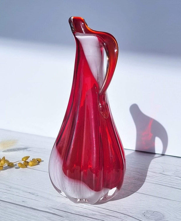 Kamei Glass Glass Kamei Glassworks, Handblown Sculpted Art Glass Vase in Red and White,1970s, Japanese