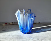 Kamei Glass Glass Kamei Glassworks, Handblown Sculpted Handkerchief Vase In Blue and White, 1960s-70s, Japanese