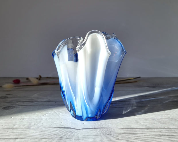 Kamei Glass Glass Kamei Glassworks, Handblown Sculpted Handkerchief Vase In Blue and White, 1960s-70s, Japanese