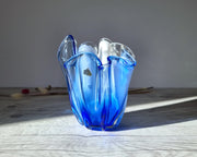 Kamei Glass Glass Kamei Glassworks, Handblown Sculpted Handkerchief Vase In Blue and White, 1960s-70s, Japanese