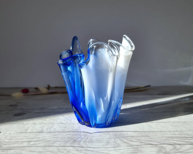 Kamei Glass Glass Kamei Glassworks, Handblown Sculpted Handkerchief Vase In Blue and White, 1960s-70s, Japanese