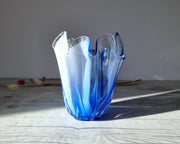 Kamei Glass Glass Kamei Glassworks, Handblown Sculpted Handkerchief Vase In Blue and White, 1960s-70s, Japanese