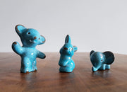 AnyesAttic Ceramic Karlsruher Majolika by Walter Bosse Blue Craquelure Baby Bear Cub, Elephant and Rabbit, 1950s - 70s