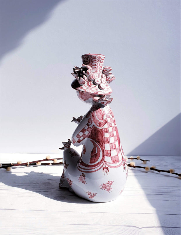 AnyesAttic Ceramic Kintsugi |1977 Bjorn Wiinblad, Lady with Songbirds, Red on White Ceramic Sculpture | Danish, Rare