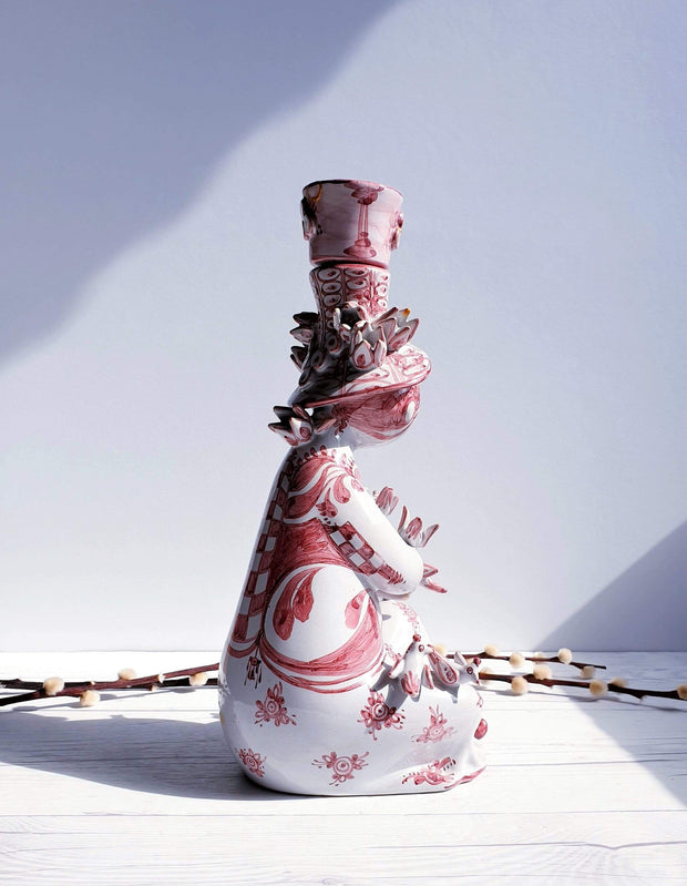 AnyesAttic Ceramic Kintsugi |1977 Bjorn Wiinblad, Lady with Songbirds, Red on White Ceramic Sculpture | Danish, Rare