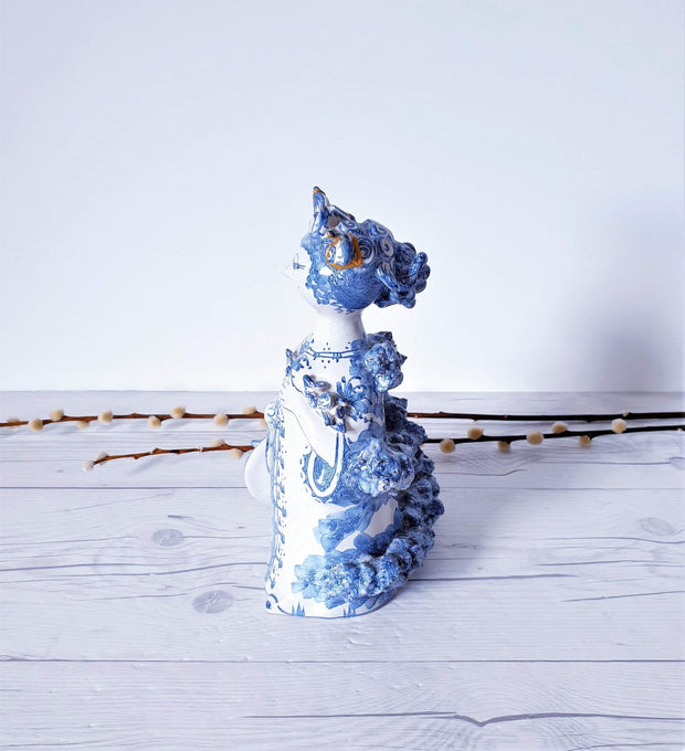 AnyesAttic Ceramic Kintsugi |1977 Bjorn Wiinblad, Moster Ella 'Aunt Ella' Series, M10 Blue on White Ceramic Sculpture