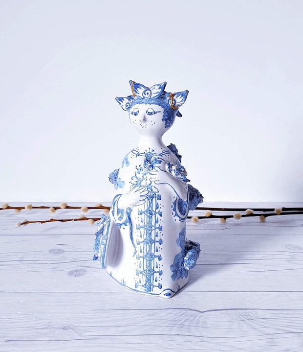 AnyesAttic Ceramic Kintsugi |1977 Bjorn Wiinblad, Moster Ella 'Aunt Ella' Series, M10 Blue on White Ceramic Sculpture