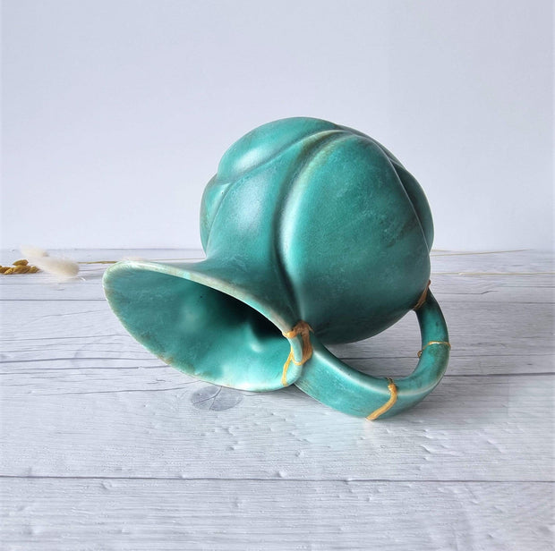 Anye's Attic Kintsugi Ceramic Kintsugi | Crown Devon Art Deco, Malachite Chalcedony Palette London Carved Pitcher Jug Vase, 1930s