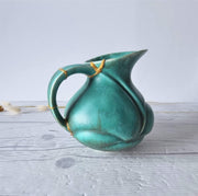 Anye's Attic Kintsugi Ceramic Kintsugi | Crown Devon Art Deco, Malachite Chalcedony Palette London Carved Pitcher Jug Vase, 1930s