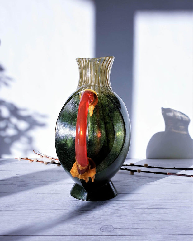 AnyesAttic Glass Kintsugi | Kjell Engman 'Corfu' series, Kosta Boda, Candied Forest Green and Coquelicot Orange Vase