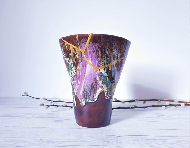 AnyesAttic Ceramic Kintsugi | Vallauris France, Cherry Chocolate and 'Fluorite' Palette Running Lava Vase | 1960-70s