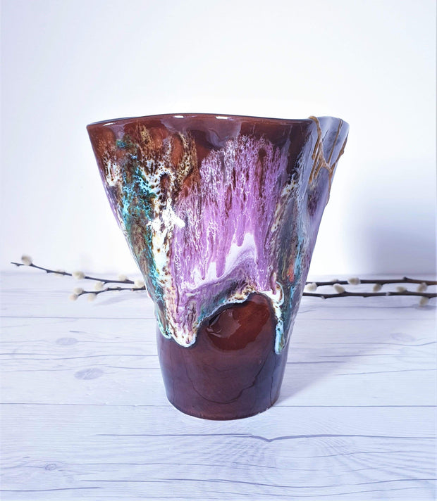 AnyesAttic Ceramic Kintsugi | Vallauris France, Cherry Chocolate and 'Fluorite' Palette Running Lava Vase | 1960-70s