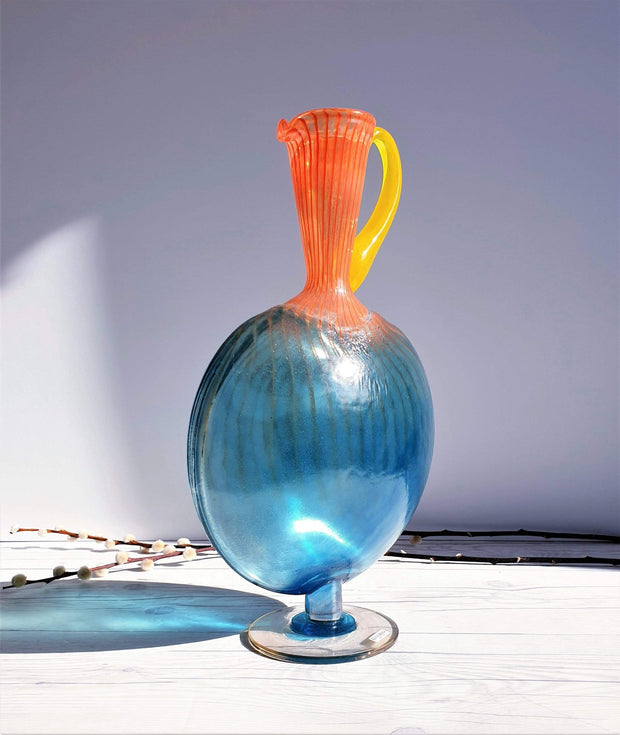 AnyesAttic Glass Kjell Engman 'Bon Bon' series, Kosta Boda, Candied Sapphire Blue and Coquelicot Orange Pitcher