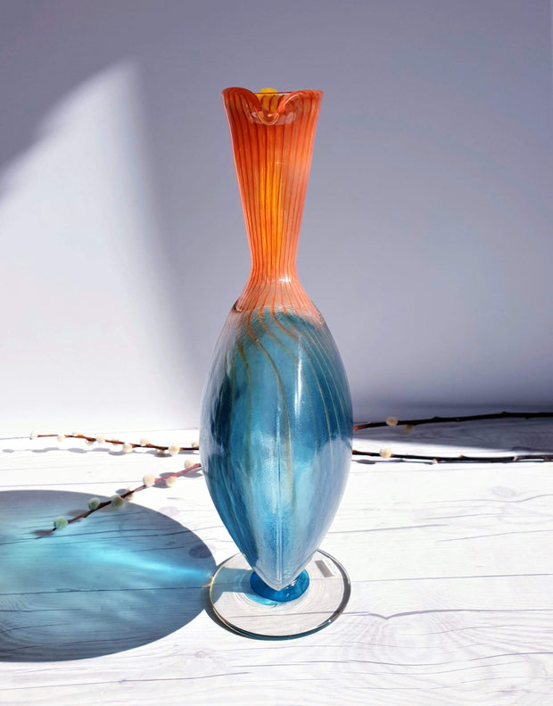 AnyesAttic Glass Kjell Engman 'Bon Bon' series, Kosta Boda, Candied Sapphire Blue and Coquelicot Orange Pitcher