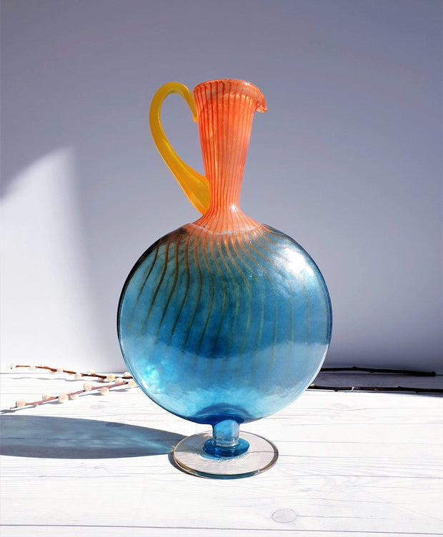 AnyesAttic Glass Kjell Engman 'Bon Bon' series, Kosta Boda, Candied Sapphire Blue and Coquelicot Orange Pitcher