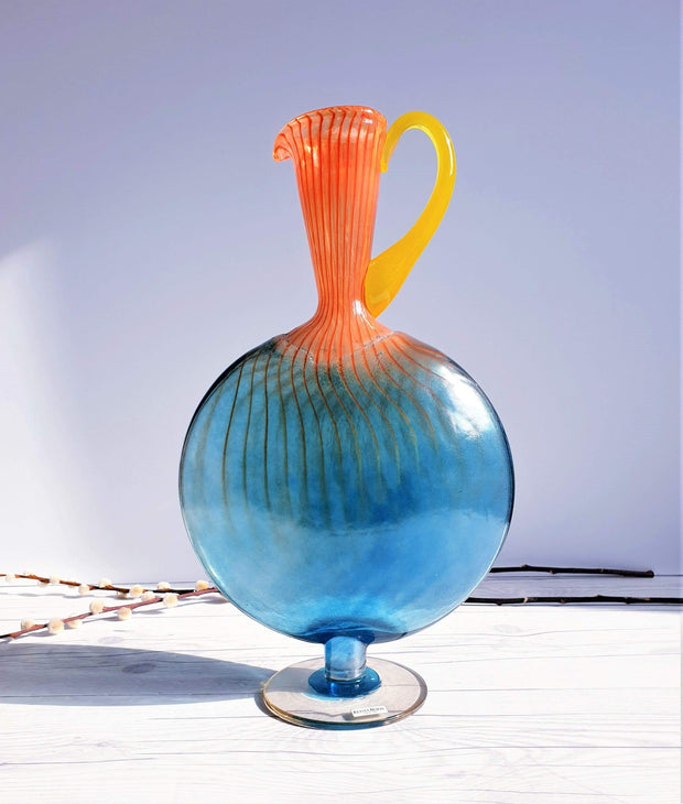 AnyesAttic Glass Kjell Engman 'Bon Bon' series, Kosta Boda, Candied Sapphire Blue and Coquelicot Orange Pitcher