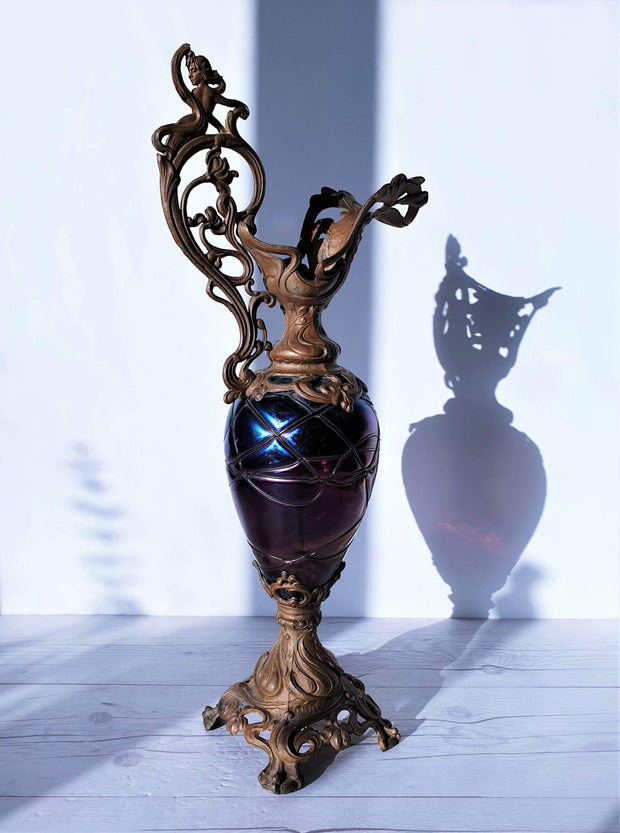 Kralik Glass Glass Early 20th Century Kralik Pallme-Koenig, Art Nouveau Iridescent Art Glass and Ormulu Pitcher Vase