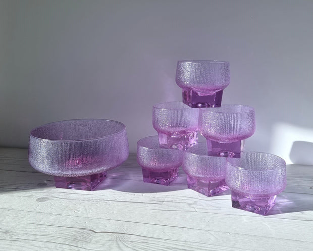 Kristal Glass Kristal Melting Ice Series, Neodymium Alexandrite Jorum and 6 Tumbler Dish Set, 1960s-70s, Italy