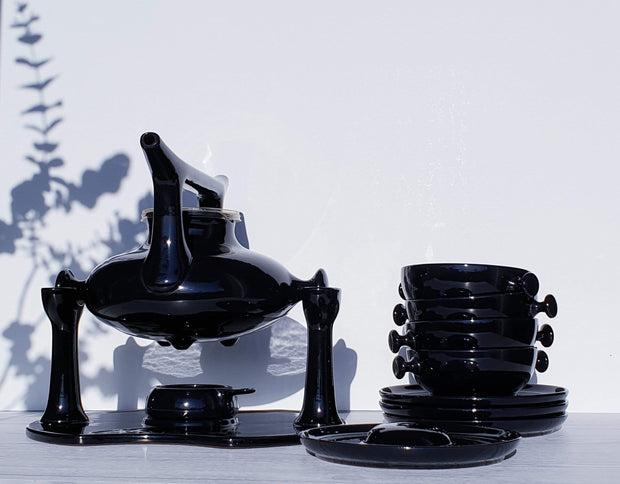 Luigi Colani Ceramic Luigi Colani 1973 Zen Series for Friesland, Ceracron Stoneware, Black Space Age Atomic Teaset for 4