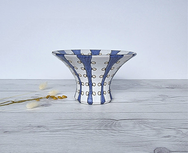 Upsala Ekeby Ceramic Mari Simmulson for Upsala Ekeby, 1956-57 Iris Series, Blue and White Stripe Polka, Wide Brim Vase