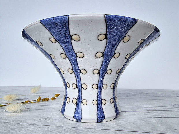 Upsala Ekeby Ceramic Mari Simmulson for Upsala Ekeby, 1956-57 Iris Series, Blue and White Stripe Polka, Wide Brim Vase