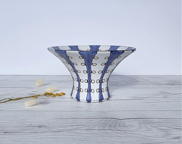 Upsala Ekeby Ceramic Mari Simmulson for Upsala Ekeby, 1956-57 Iris Series, Blue and White Stripe Polka, Wide Brim Vase