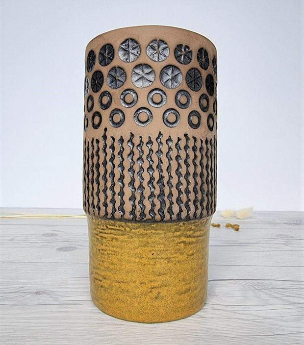 Upsala Ekeby Ceramic Mari Simmulson for Upsala Ekeby, 1966 Peru Series, 6073m Chartreuse and Taupe Textured Vase