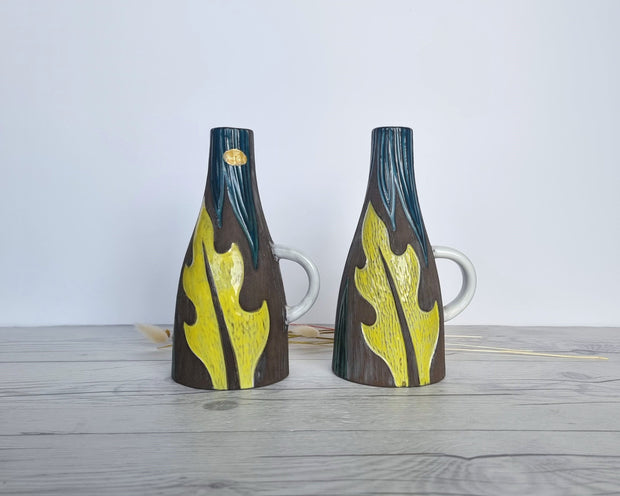 Upsala Ekeby Ceramic Mari Simmulson for Upsala Ekeby, Pair of 1960 Agave Series, Incised Leaf Polychrome Glaze Jug Vases