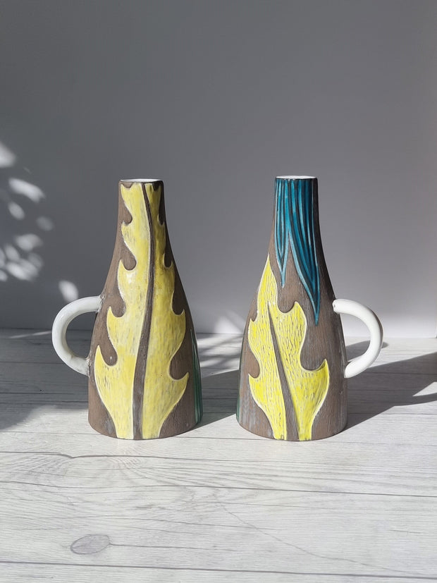 Upsala Ekeby Ceramic Mari Simmulson for Upsala Ekeby, Pair of 1960 Agave Series, Incised Leaf Polychrome Glaze Jug Vases