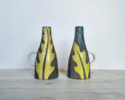 Upsala Ekeby Ceramic Mari Simmulson for Upsala Ekeby, Pair of 1960 Agave Series, Incised Leaf Polychrome Glaze Jug Vases