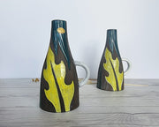 Upsala Ekeby Ceramic Mari Simmulson for Upsala Ekeby, Pair of 1960 Agave Series, Incised Leaf Polychrome Glaze Jug Vases