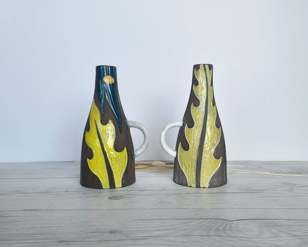 Upsala Ekeby Ceramic Mari Simmulson for Upsala Ekeby, Pair of 1960 Agave Series, Incised Leaf Polychrome Glaze Jug Vases