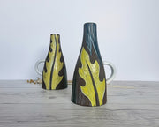 Upsala Ekeby Ceramic Mari Simmulson for Upsala Ekeby, Pair of 1960 Agave Series, Incised Leaf Polychrome Glaze Jug Vases