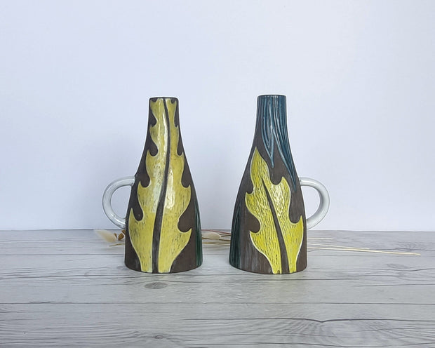 Upsala Ekeby Ceramic Mari Simmulson for Upsala Ekeby, Pair of 1960 Agave Series, Incised Leaf Polychrome Glaze Jug Vases