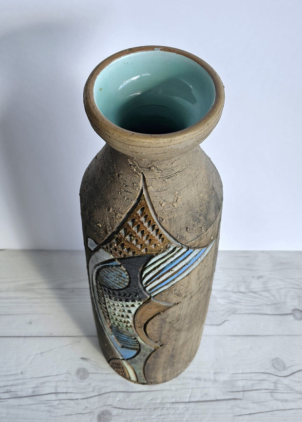 Tilgmans Keramik Ceramic Marian Zawadski for Tilgmans Keramik 1966 Mid Century Modern Sgraffito Sculptural Bottle Floor Vase