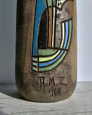 Tilgmans Keramik Ceramic Marian Zawadski for Tilgmans Keramik 1966 Mid Century Modern Sgraffito Sculptural Bottle Floor Vase